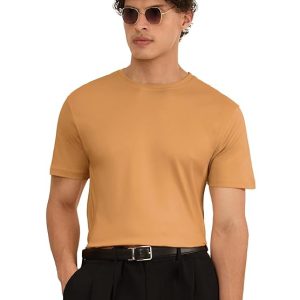 The Souled Store Supima: Soft Tan Men and Boys Short Sleeves Round Neck Solid Regular Fit Cotton Supima T-Shirts